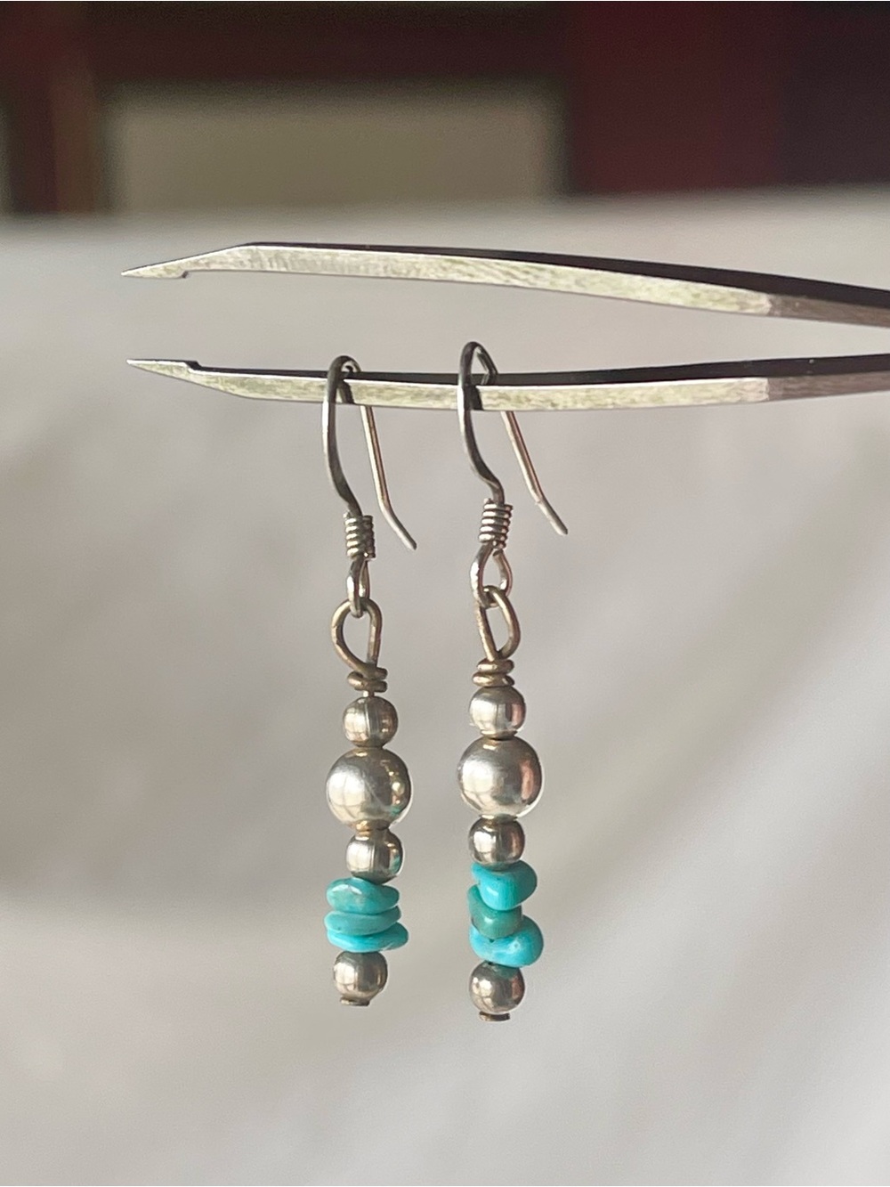 Turquoise Chip & Silver Bead Drop Earrings